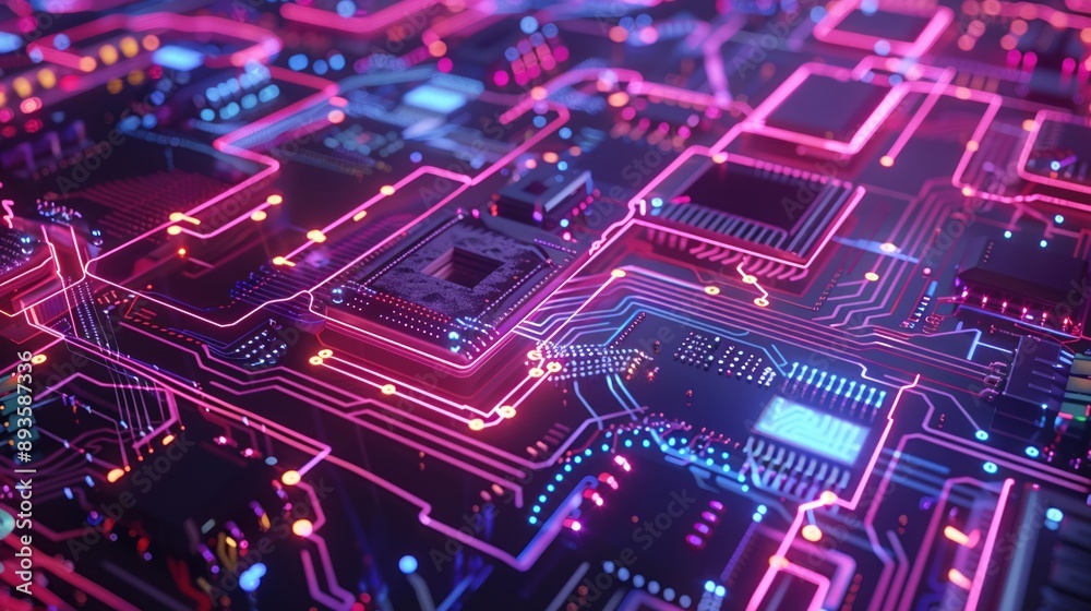 Neon-lit digital circuit board with intricate patterns Tech Neon-lit digital circuit board with intricate patterns Tech