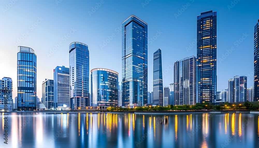 Obraz premium Modern Skyscrapers Reflecting in a Calm Water at Dusk
