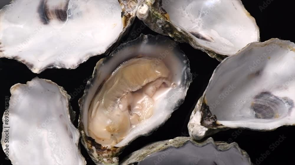 Oysters shell set close up rotating, open french oyster Fine de Claire ...