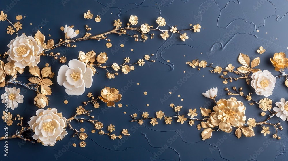 Fototapeta premium Golden and white flowers arranged on a dark blue background, forming a frame.