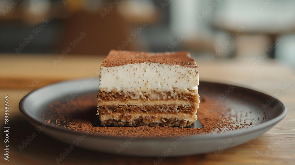 A delicious piece of tiramisu on a plate with a close-up view. A delicious piece of tiramisu on a plate with a close-up view.