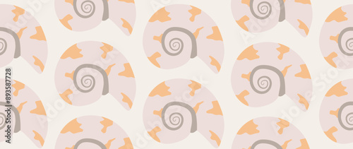 Vector flat illustration. Seamless sea shells. In cartoon style. Cute print. Ideal for gift wrapping, posters, covers, screensavers, textile decor, etc.