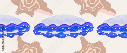 Vector flat illustration. Seamless sea shells. In cartoon style. Cute print. Ideal for gift wrapping, posters, covers, screensavers, textile decor, etc.