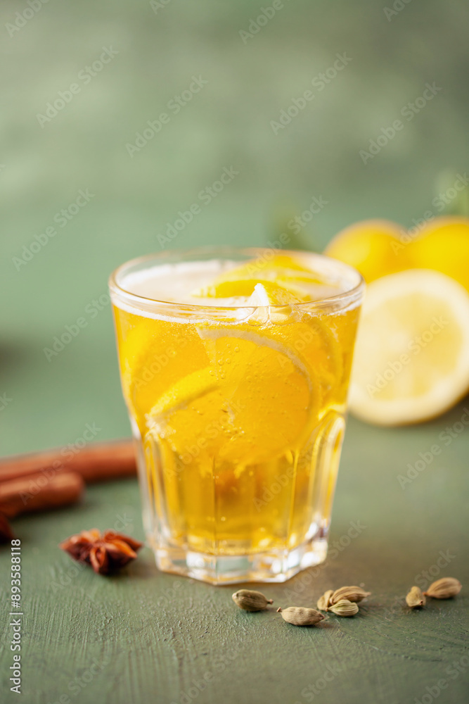 Boozy Refresing Cold Lemon Deer or Radler in a Pint Glass on wooden table. Copy space Boozy Refresing Cold Lemon Deer or Radler in a Pint Glass on wooden table. Copy space