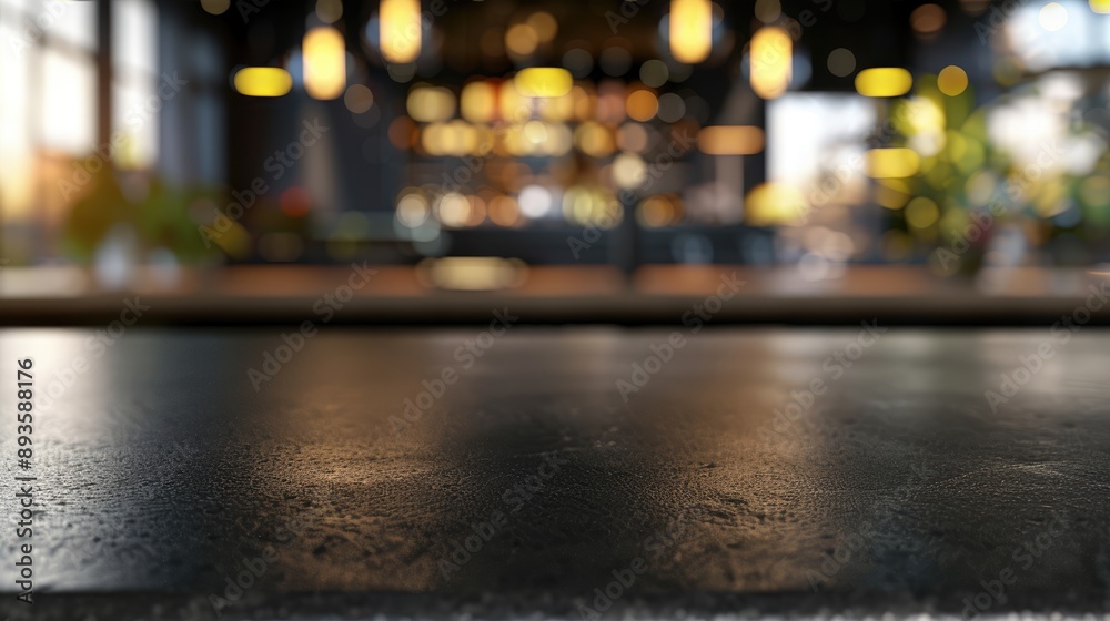 Black countertop with blank space for mockup. Blurred background lights in restaurant or bar. Black countertop with blank space for mockup. Blurred background lights in restaurant or bar.