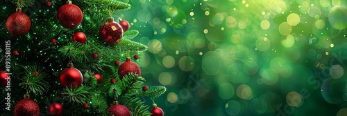 A festive Christmas tree with red ornaments stands against a glowing green background, reflecting the holiday spirit and joyful celebration. It sparkles with the magic of Christmas photo