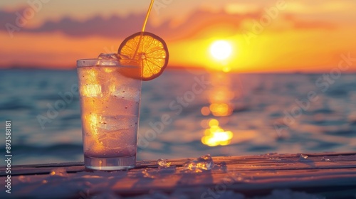 An iced summer cocktail isolated in front of a sunset over the sea 