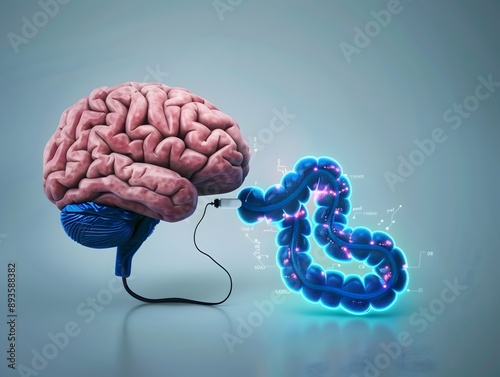 Brain connected to glowing intestines illustrating neural connection