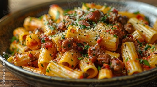 A Hearty Bowl of Rigatoni Pasta With Spicy Sausage and Tomato Sauce. Generative AI
