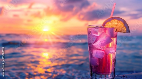 An iced summer cocktail isolated in front of a sunset over the sea 