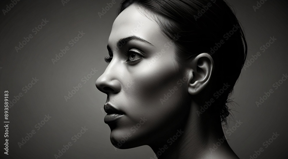 Fototapeta premium Profile portrait of a young woman with elegant features in black and white