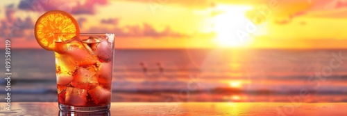 An iced summer cocktail isolated in front of a sunset over the sea 