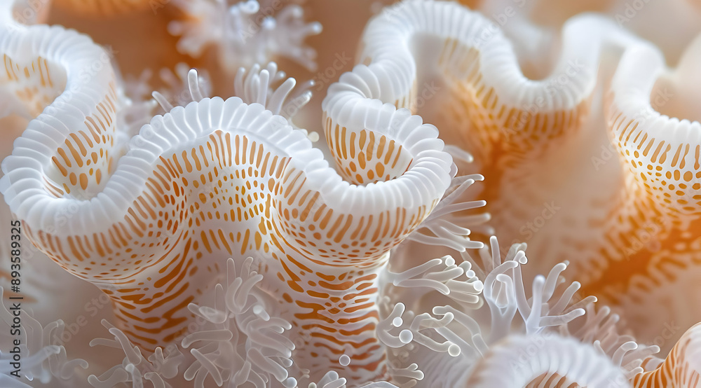 Close-up of intricate coral texture with wavy edges and delicate polyps, showcasing the natural beauty and complexity of marine life. Close-up of intricate coral texture with wavy edges and delicate polyps, showcasing the natural beauty and complexity of marine life.