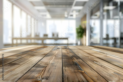Close-up of wooden table in modern office space with blurred background. Ideal for business, workspaces, and interior design concepts
