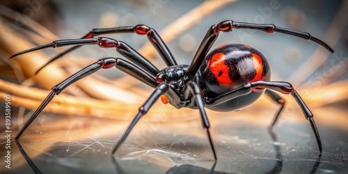 Highly detailed image of a black widow spider standing centrally, showcasing its sleek black body, distinctive red hourglass shape, and delicate legs in crystal-clear focus. photo