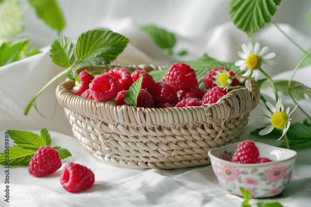 Raspberries in Wicker Basket with Green Leaves and Flowers. Natural Light, Close-Up Photography Raspberries in Wicker Basket with Green Leaves and Flowers. Natural Light, Close-Up Photography