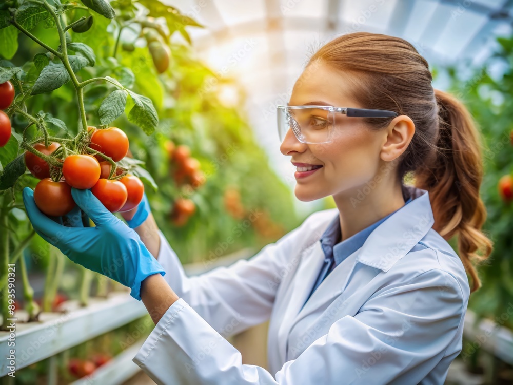 Close-Up: Scientist with Tomato Plant in Modern Farm Close-Up: Scientist with Tomato Plant in Modern Farm