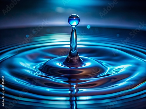 Vibrant blue-lit water droplet glistens on a dark background, magnified to reveal intricate details and subtle ripples, evoking a sense of serene simplicity.