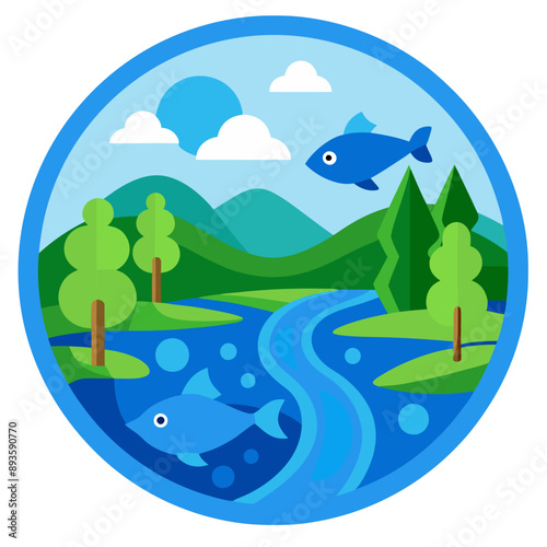  Ilustración circular de un río con peces nadando, rodeado de colinas, árboles y un cielo azul con nubes. El paisaje transmite tranquilidad y pureza en un entorno natural.
