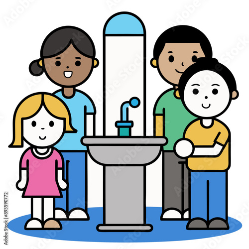 Cuatro niños de diferentes etnias sonríen mientras están de pie alrededor de una fuente de agua potable. La escena refleja amistad, diversidad y cooperación en un entorno educativo.