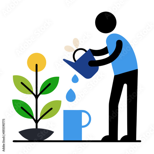 Ilustración de una figura humana regando una planta con una regadera. La imagen simboliza el cuidado de la naturaleza y el crecimiento de la vida.