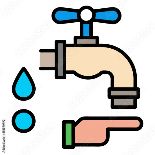 Ilustración de una mano señalando hacia un grifo del que cae una gota de agua. Representa el acceso al agua potable y el uso consciente del recurso.