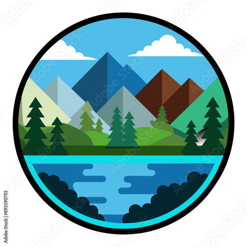 Ilustración circular de un paisaje con un lago rodeado de montañas y árboles. El cielo despejado y el agua calma reflejan la paz de la naturaleza.