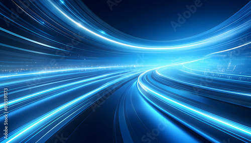 Bright blue sky light trails curve dynamically against a dark background.