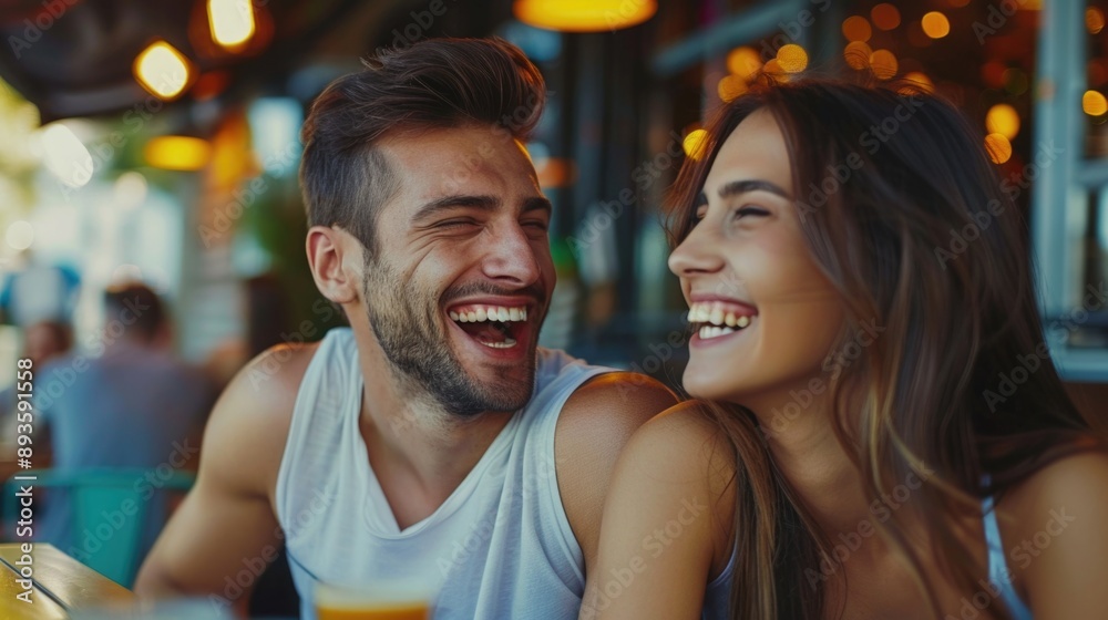 A happy couple sharing a moment of joy and laughter together A happy couple sharing a moment of joy and laughter together