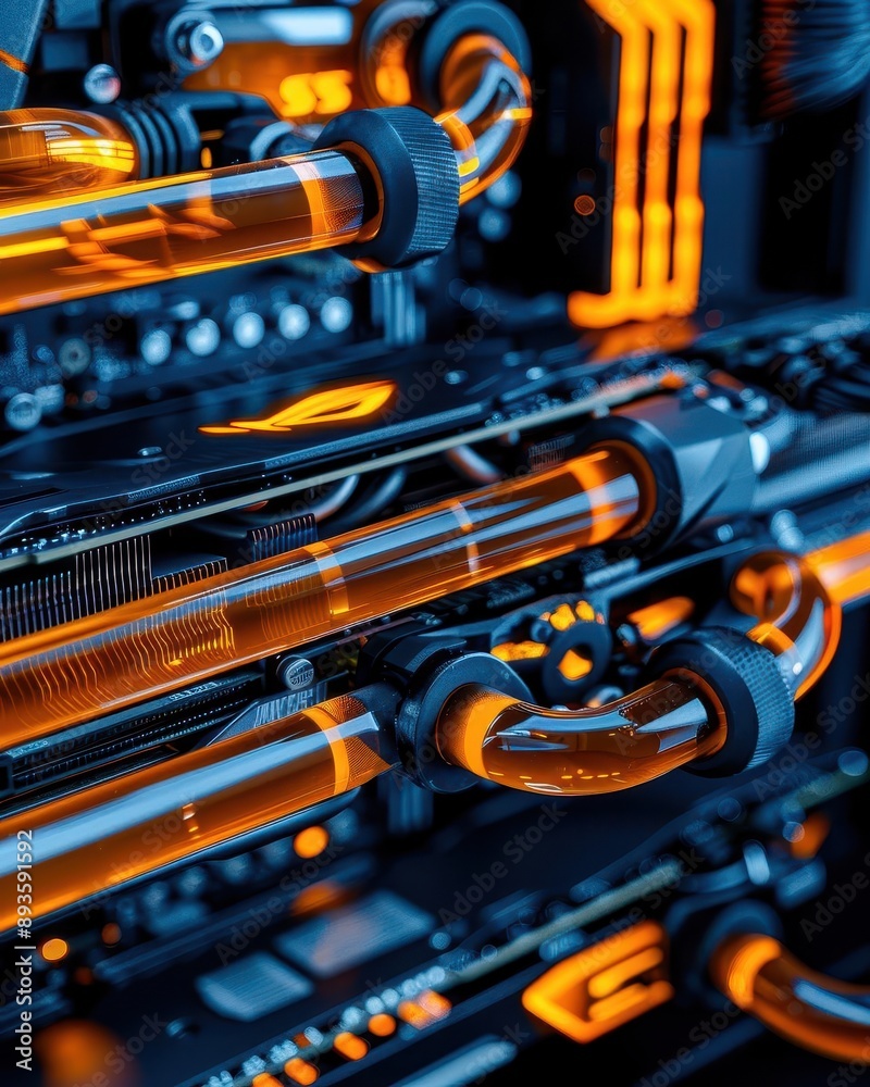 Close-up of a modern computer cooling system with vibrant orange tubing and intricate components showcasing advanced technology. Close-up of a modern computer cooling system with vibrant orange tubing and intricate components showcasing advanced technology.