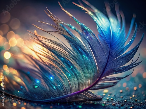 A close-up of a delicate dark blue iridescent feather with intricate patterns and subtle sheen, isolated on a soft focus blurred background with gentle shadows.
