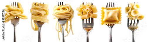 Panel kuchenny z motywem Set of Italian pasta on twirled stainless steel fork, Cavatelli, Pappardelle, Spaghetti, Ditalini, Ravioli, Orecchiette on transparent cutout PNG file. Many different Mockup template for design