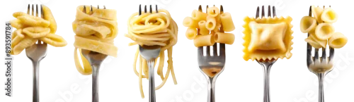 Obraz  z motywem Set of Italian pasta on twirled stainless steel fork, Cavatelli, Pappardelle, Spaghetti, Ditalini, Ravioli, Orecchiette on transparent cutout PNG file. Many different Mockup template for design