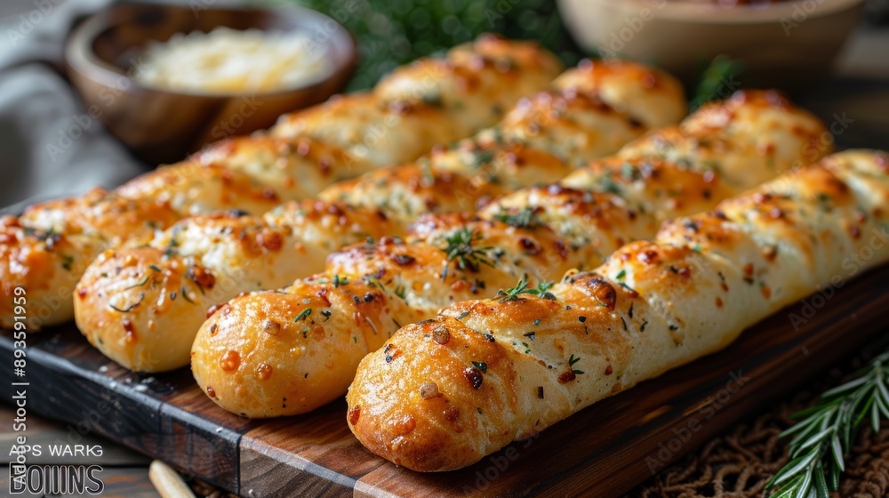 Golden Brown Garlic Knots With Herbs and Cheese on a Wooden Cutting Board. Generative AI Golden Brown Garlic Knots With Herbs and Cheese on a Wooden Cutting Board. Generative AI