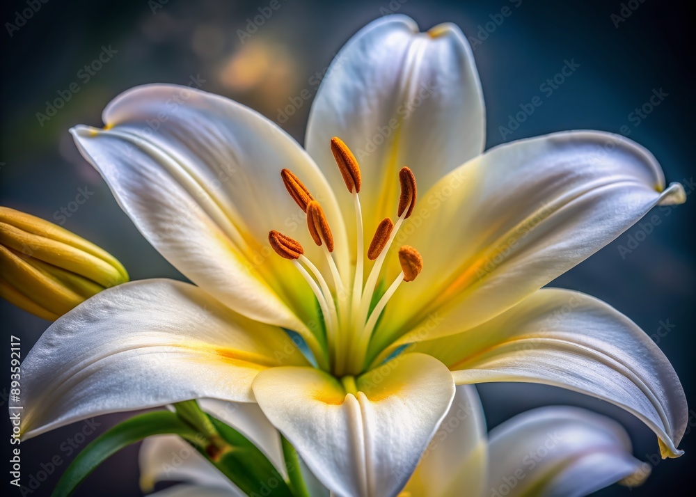 Fototapeta premium Delicate yellow stamens of a lily flower radiate from the center, surrounded by soft white petals, creating a serene and intimate close-up botanical portrait.