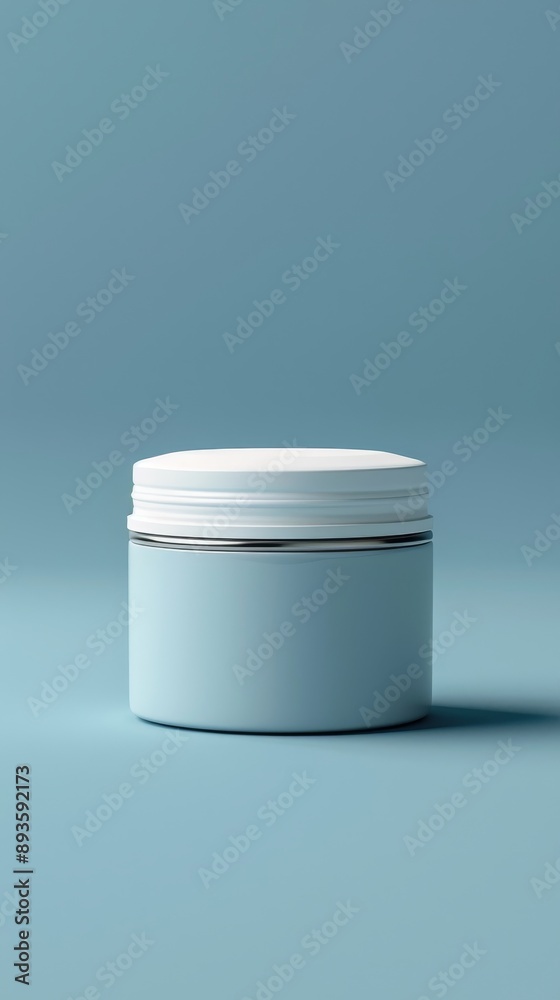 A blue jar with a white lid sits on a blue background A blue jar with a white lid sits on a blue background