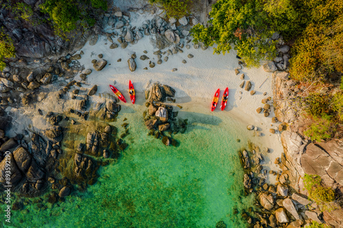 Koh Lipe, Kra Island Satun, Thailand, aerial photography The sea water is emerald green mixed with blue, beautiful and clear, and there are also nature, mountains, lush greenery and the Andaman Sea. photo