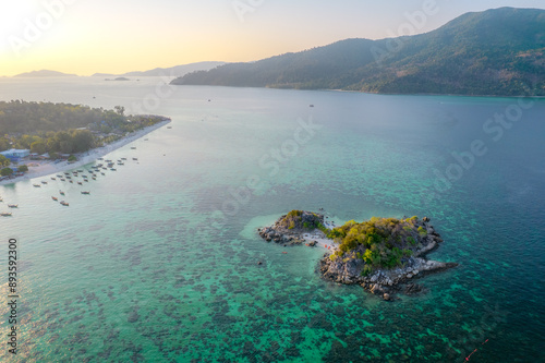 Koh Lipe, Kra Island Satun, Thailand, aerial photography The sea water is emerald green mixed with blue, beautiful and clear, and there are also nature, mountains, lush greenery and the Andaman Sea. photo
