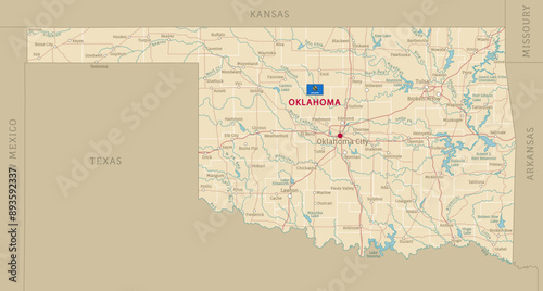 Road map of Oklahoma, US American federal state. Editable highly detailed transportation map of Oklahoma with highways and interstate roads, rivers and cities realistic vector illustration