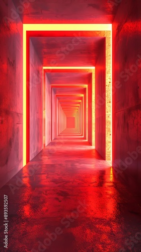 A long red hallway with a red light on the wall