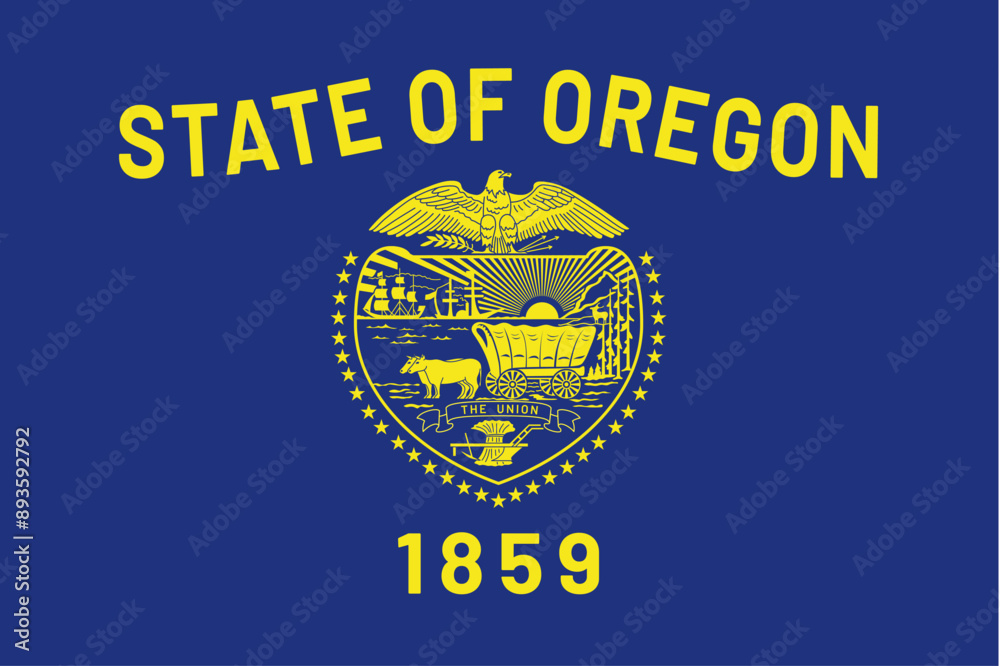 Naklejka premium Flag of Oregon, symbol of USA federal state. Full frame federal flag of Oregon features field of blue with the escutcheon from the state seal. American patriotic element detailed vector illustration