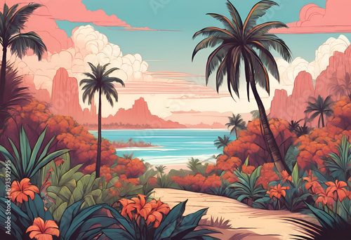 beach with palm trees and sunset