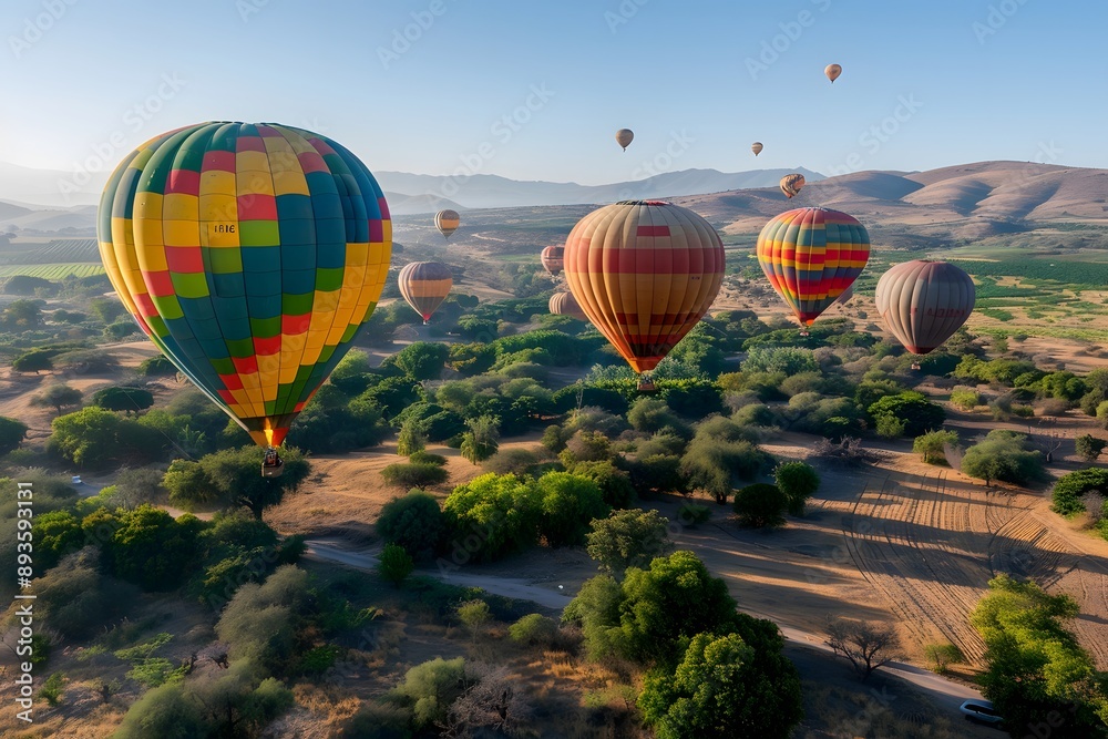 Fototapeta premium Colorful Hot Air Balloons Soaring Over a Lush Landscape