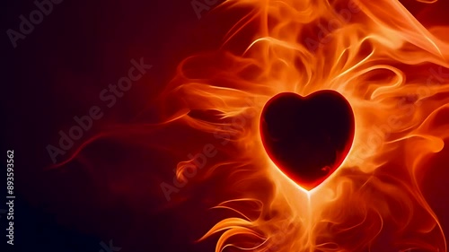 Heart silhouette surrounded by bright flames in the dark, creating a dynamic and passionate visual effect. Vibrant, intense, and fiery patterns evoke a sense of warmth and love