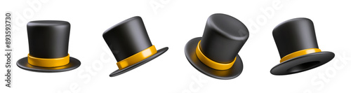 Collection of realistic 3D wizard's hats with golden stripes. Black magician's hat for illusionist's show. Set of 3d rendered retro clothing accessories for magic tricks isolated on white background