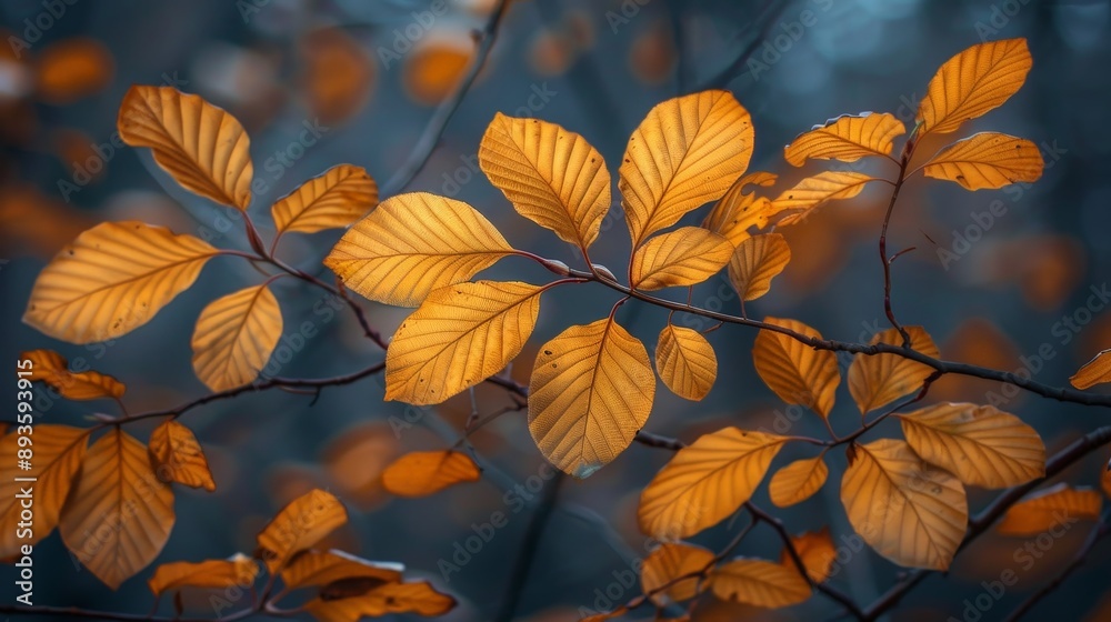 Enchanting Golden Autumn Leaves on Forest Branch - High-Resolution Nature Photography with Realistic Depth of Field and Organic Textures Enchanting Golden Autumn Leaves on Forest Branch - High-Resolution Nature Photography with Realistic Depth of Field and Organic Textures