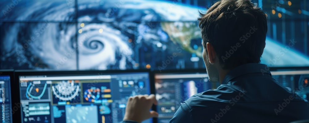 Weather professional monitoring hurricane activity on multiple screens, focused on storm data and analysis. Weather professional monitoring hurricane activity on multiple screens, focused on storm data and analysis.