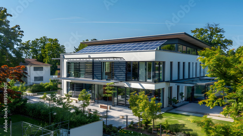 High-end modern home with solar panels on the roof, highlighting sustainable energy solutions in a luxurious residential setting.