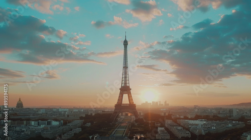 The Eiffel tower in Paris France panoramic background with sunset and blue sky