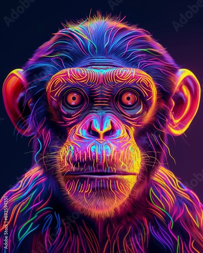 A vibrant and colorful monkey portrait with an art deco 3D relief effect, showcasing neon colors for a striking visual impact.